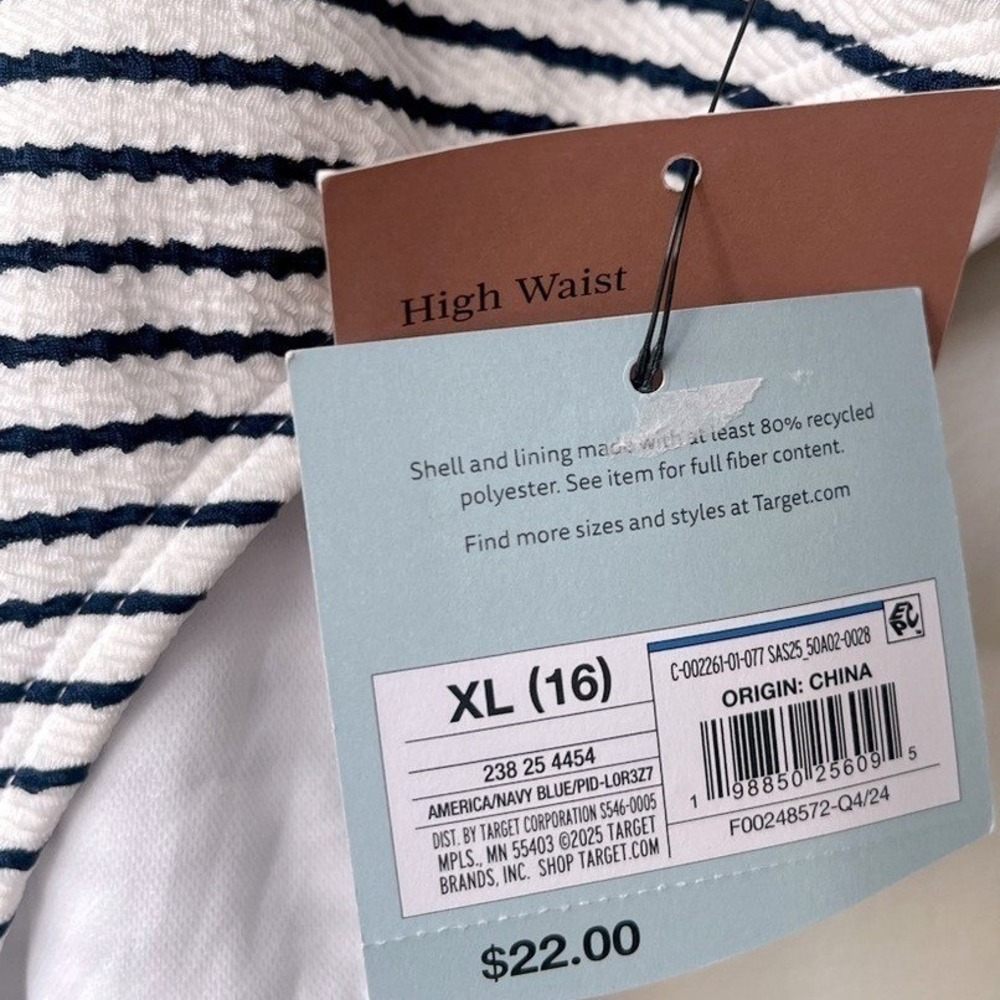Shade & Shore High Waist Navy Striped Ribbed Bikini Bottom XL High Leg NWT - Picture 6 of 11